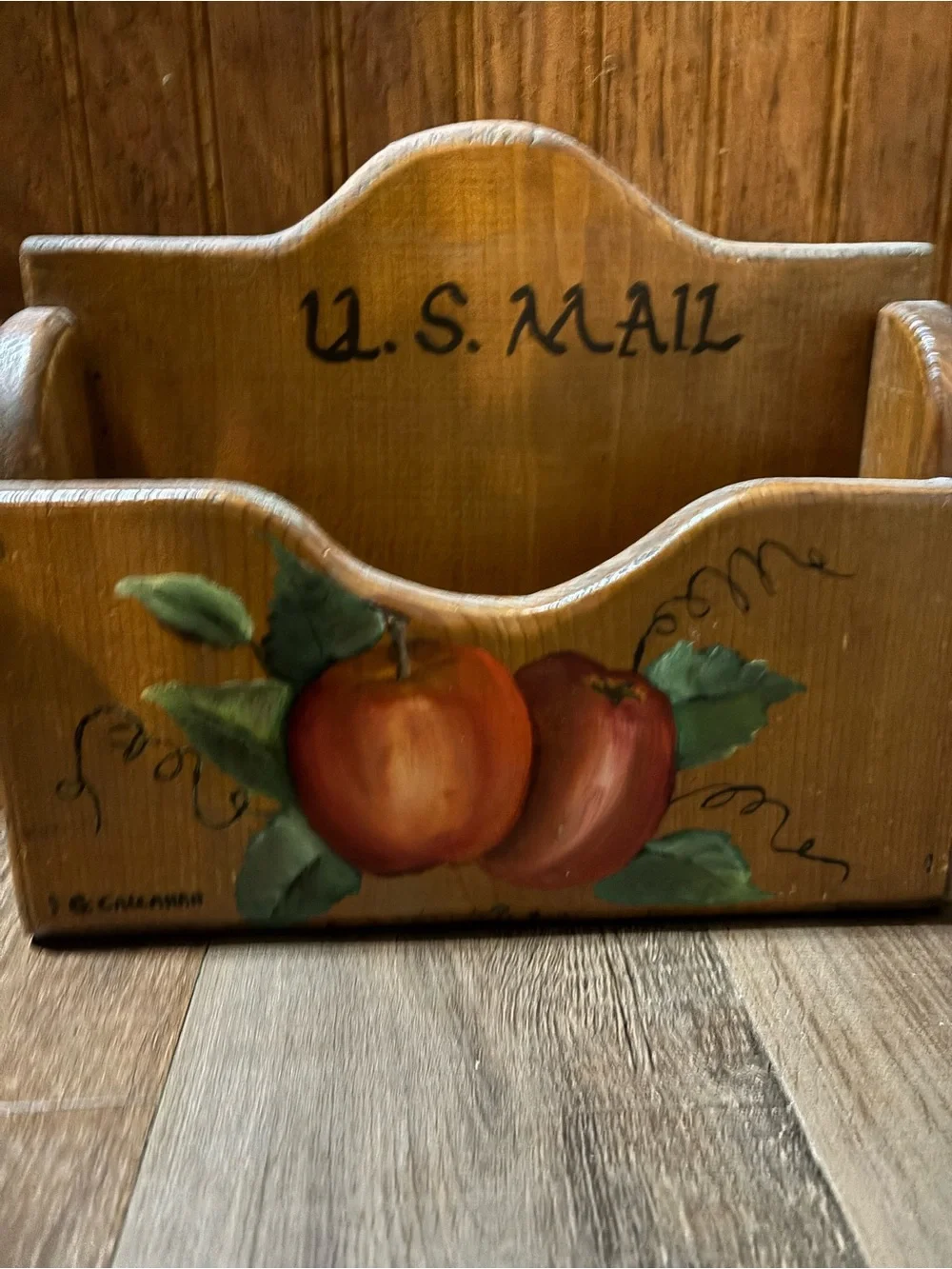 U.S. Mail Wooden Wall Organizer in Brown with Painted Fruit